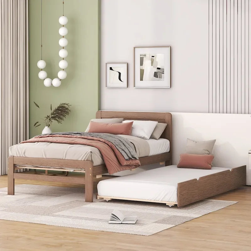 Letto a piattaforma singolo grigio / noce / sbiancato con letto estraibile – Per 2 persone