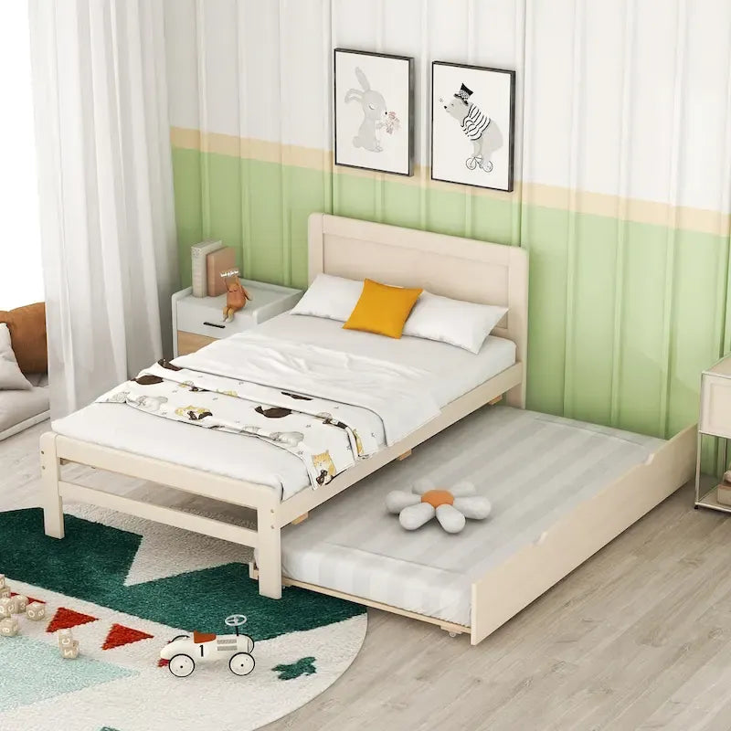 Letto a piattaforma singolo grigio / noce / sbiancato con letto estraibile – Per 2 persone