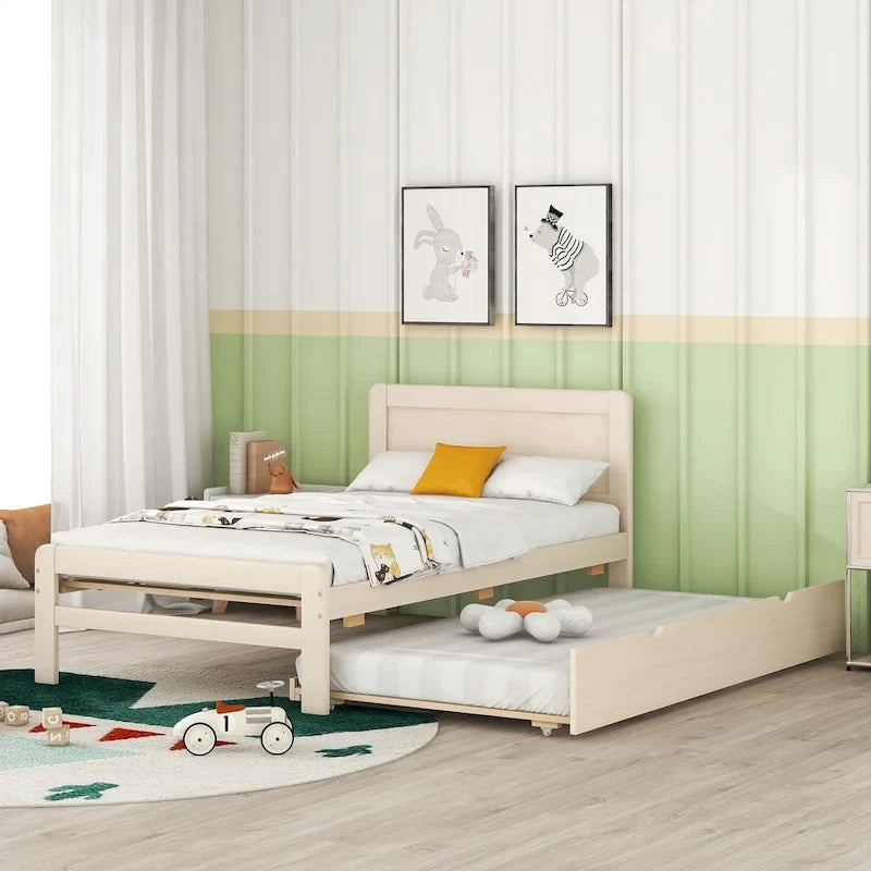 Letto a piattaforma singolo grigio / noce / sbiancato con letto estraibile – Per 2 persone