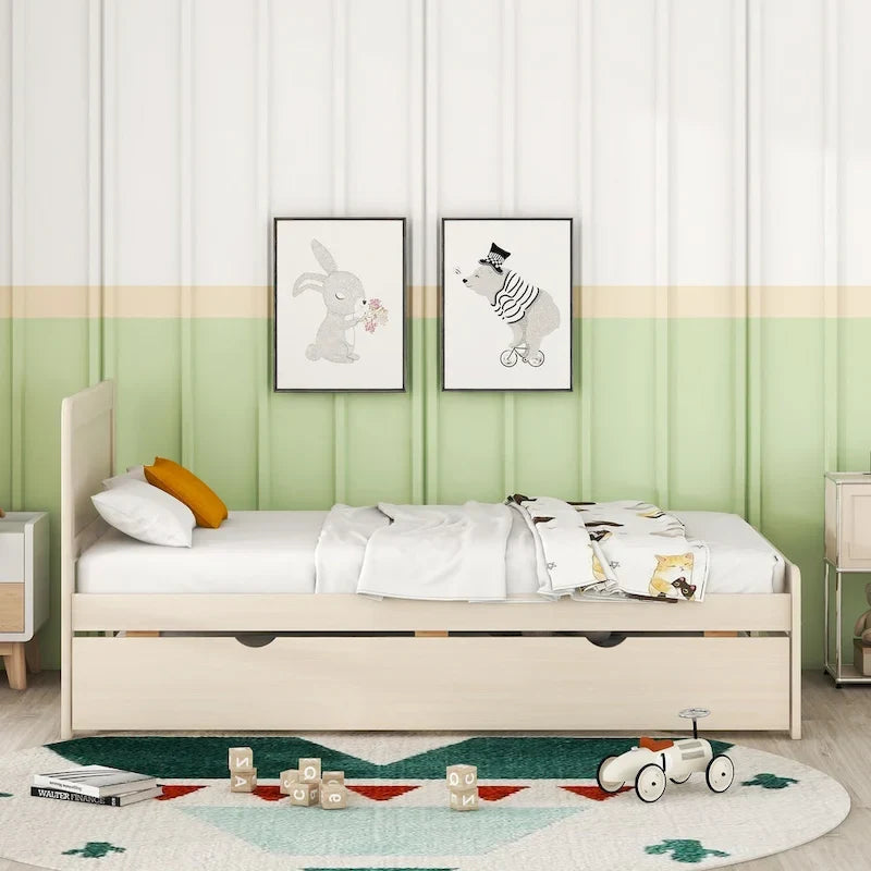 Letto a piattaforma singolo grigio / noce / sbiancato con letto estraibile – Per 2 persone