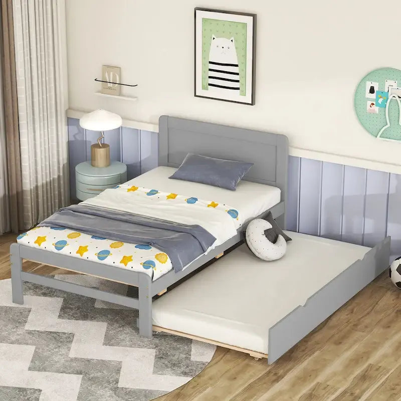 Letto a piattaforma singolo grigio / noce / sbiancato con letto estraibile – Per 2 persone