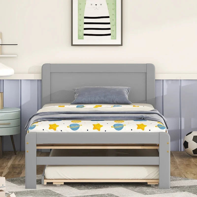 Letto a piattaforma singolo grigio / noce / sbiancato con letto estraibile – Per 2 persone