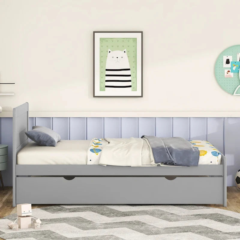 Letto a piattaforma singolo grigio / noce / sbiancato con letto estraibile – Per 2 persone