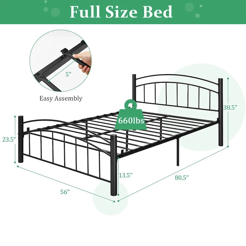 Struttura letto a piattaforma in metallo nero con testiera | Singolo/Matrimoniale | 1–2 persone