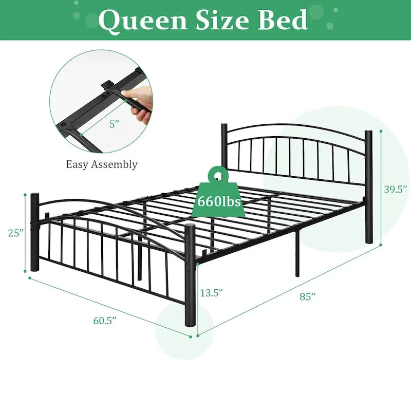 Struttura letto a piattaforma in metallo nero con testiera | Singolo/Matrimoniale | 1–2 persone