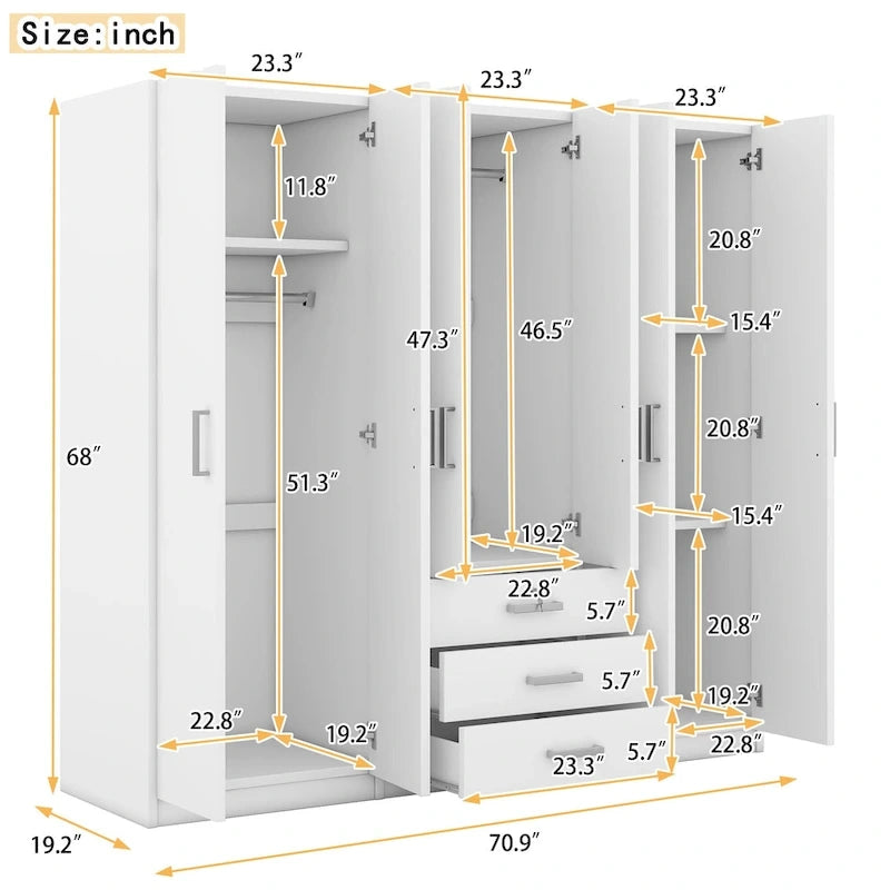 Armadio a 6 ante con 3 cassetti Marrone/Grigio/Bianco, per 1 persona