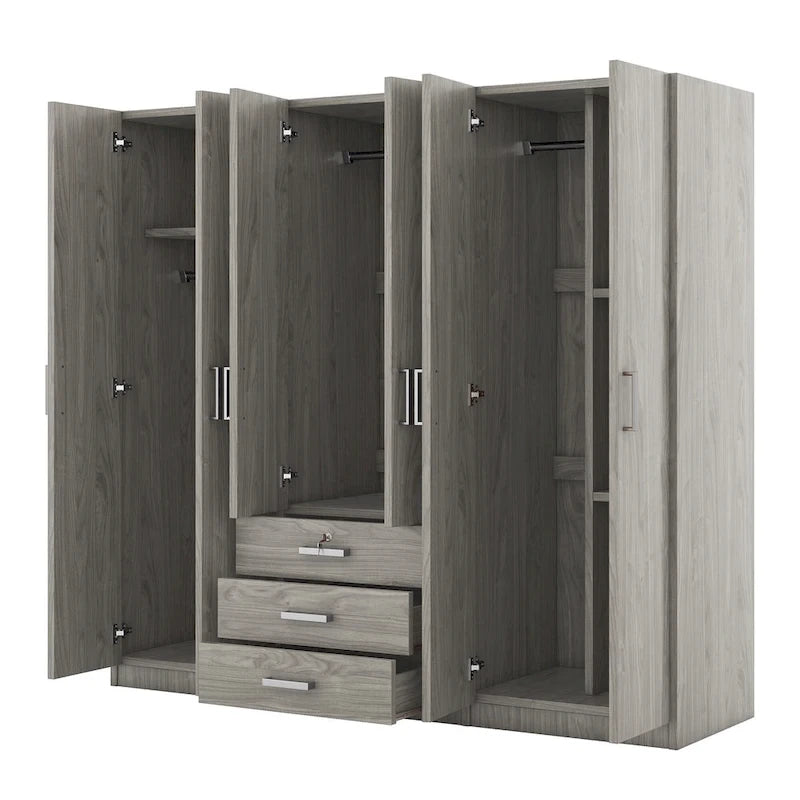 Armadio a 6 ante con 3 cassetti Marrone/Grigio/Bianco, per 1 persona