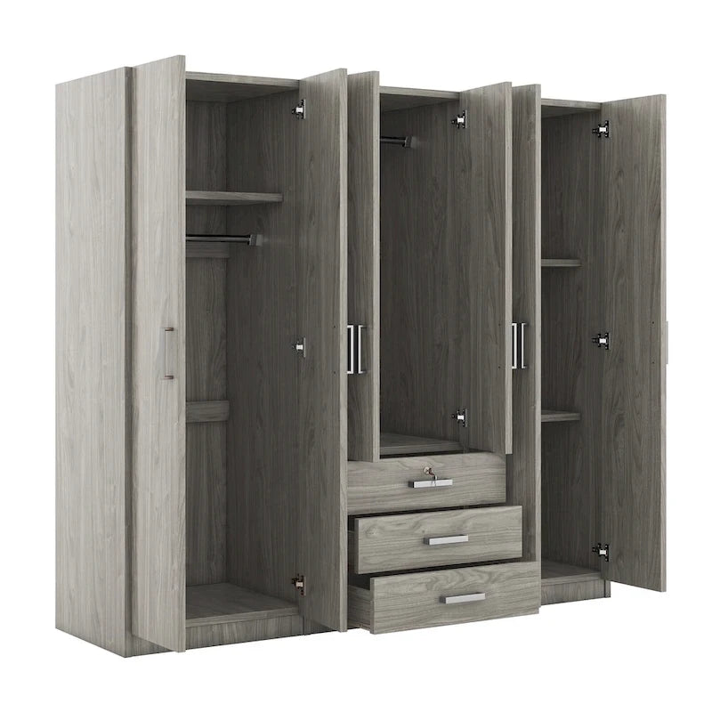 Armadio a 6 ante con 3 cassetti Marrone/Grigio/Bianco, per 1 persona