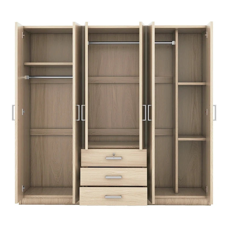 Armadio a 6 ante con 3 cassetti Marrone/Grigio/Bianco, per 1 persona