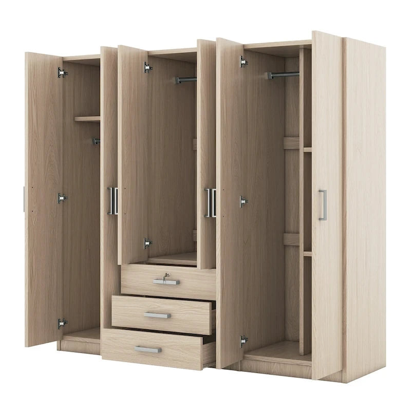 Armadio a 6 ante con 3 cassetti Marrone/Grigio/Bianco, per 1 persona