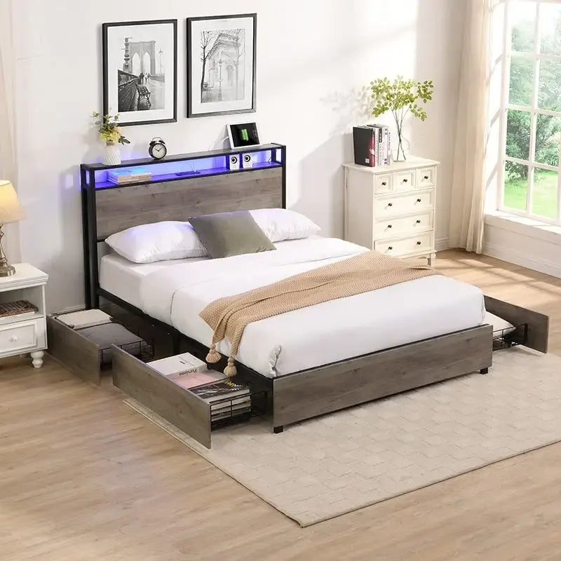 Struttura letto matrimoniale antica grigia con luci LED e contenitore – 1 posto letto
