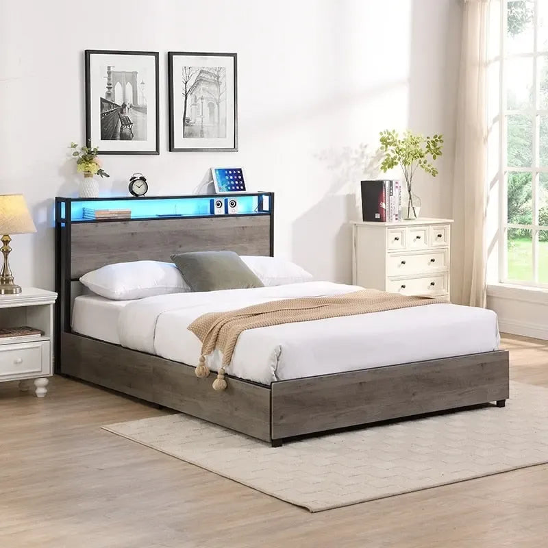 Struttura letto matrimoniale antica grigia con luci LED e contenitore – 1 posto letto