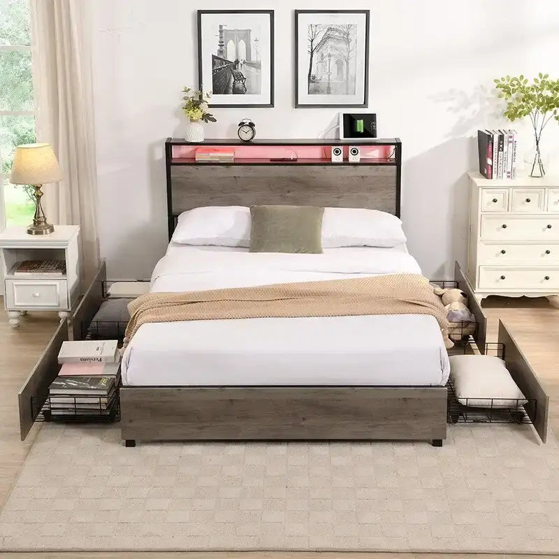 Struttura letto matrimoniale antica grigia con luci LED e contenitore – 1 posto letto