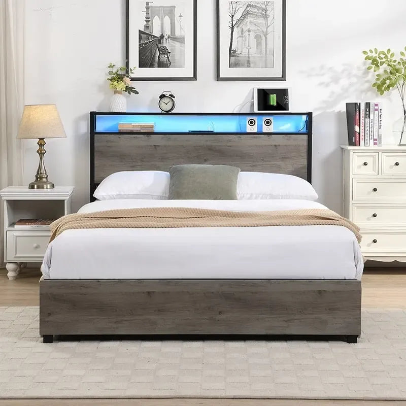 Struttura letto matrimoniale antica grigia con luci LED e contenitore – 1 posto letto