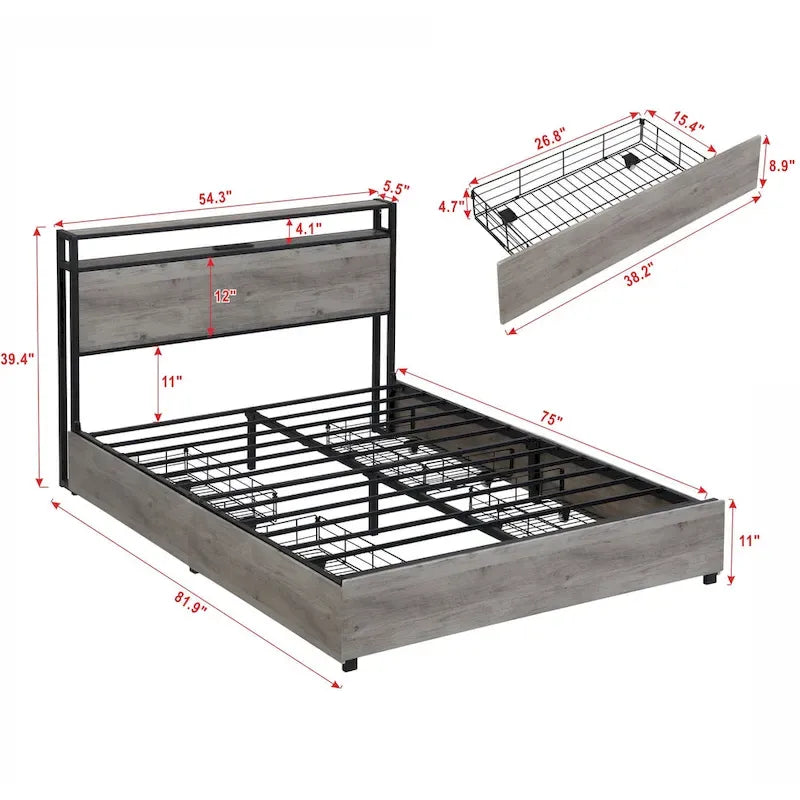Struttura letto matrimoniale antica grigia con luci LED e contenitore – 1 posto letto