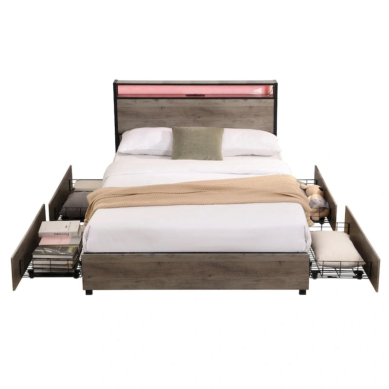 Struttura letto matrimoniale antica grigia con luci LED e contenitore – 1 posto letto