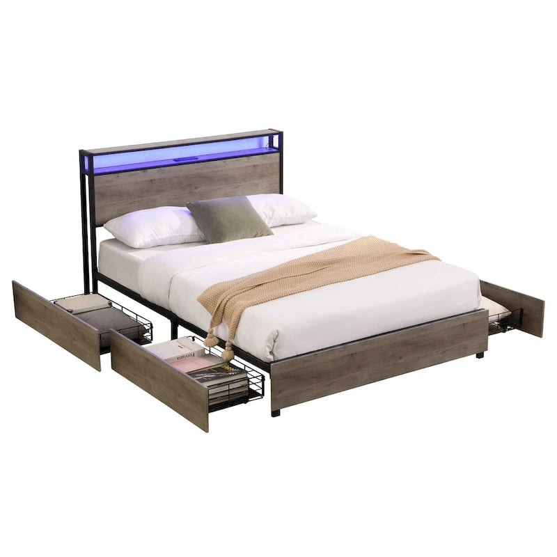 Struttura letto matrimoniale antica grigia con luci LED e contenitore – 1 posto letto