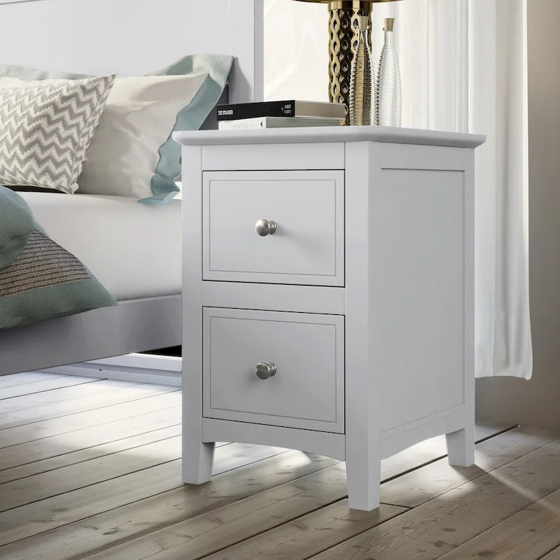 Comodino a 2 cassetti con gambe affusolate, Bianco/Grigio - Singolo