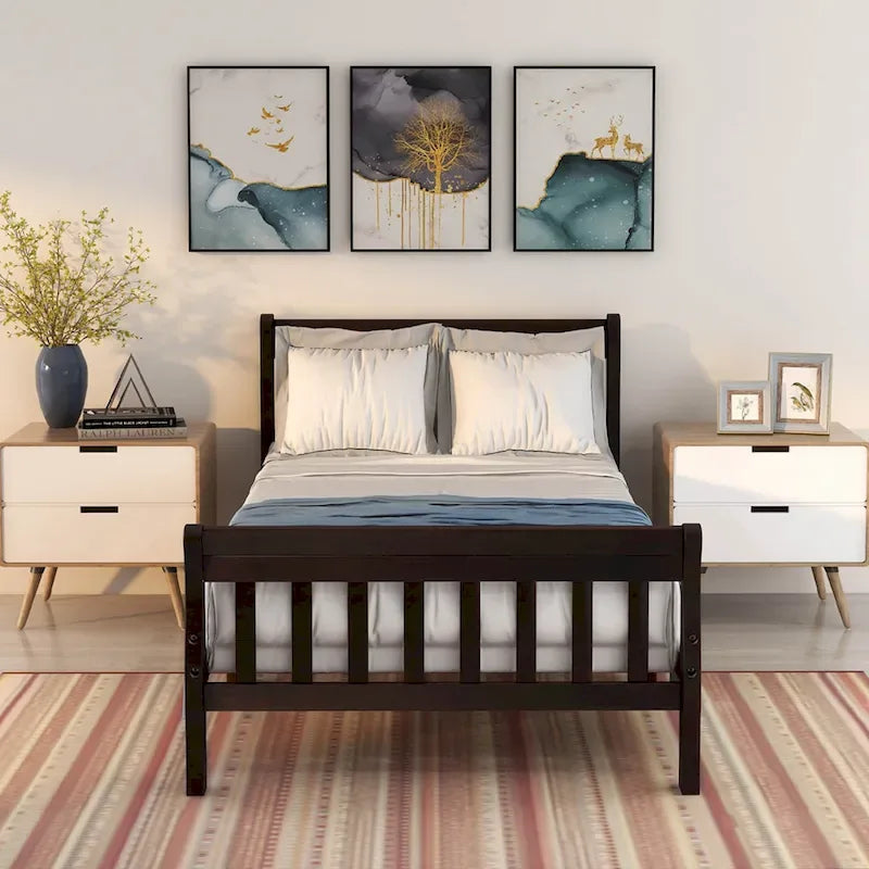 Letto a Piattaforma in Legno con Testiera e Pediera – Singolo, 1 Posto (Espresso / Bianco / Rovere)