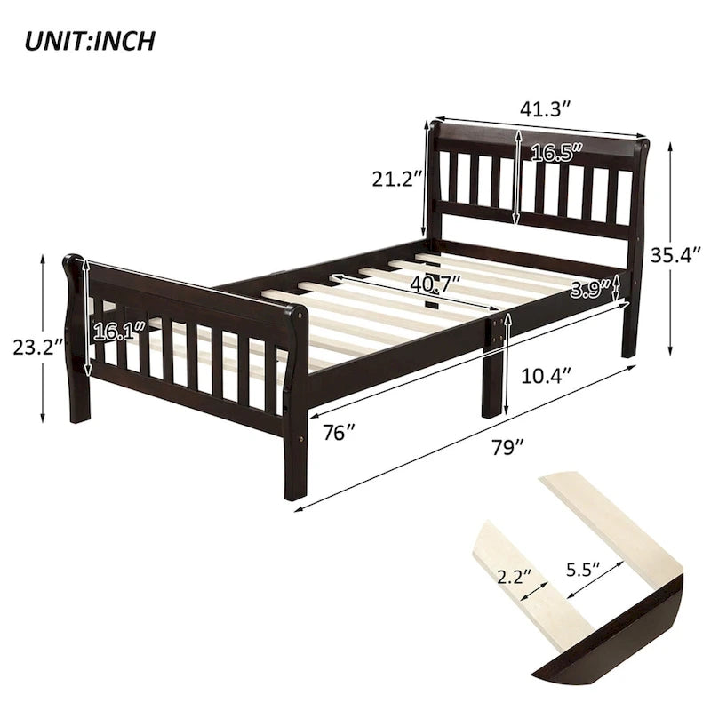 Letto a Piattaforma in Legno con Testiera e Pediera – Singolo, 1 Posto (Espresso / Bianco / Rovere)