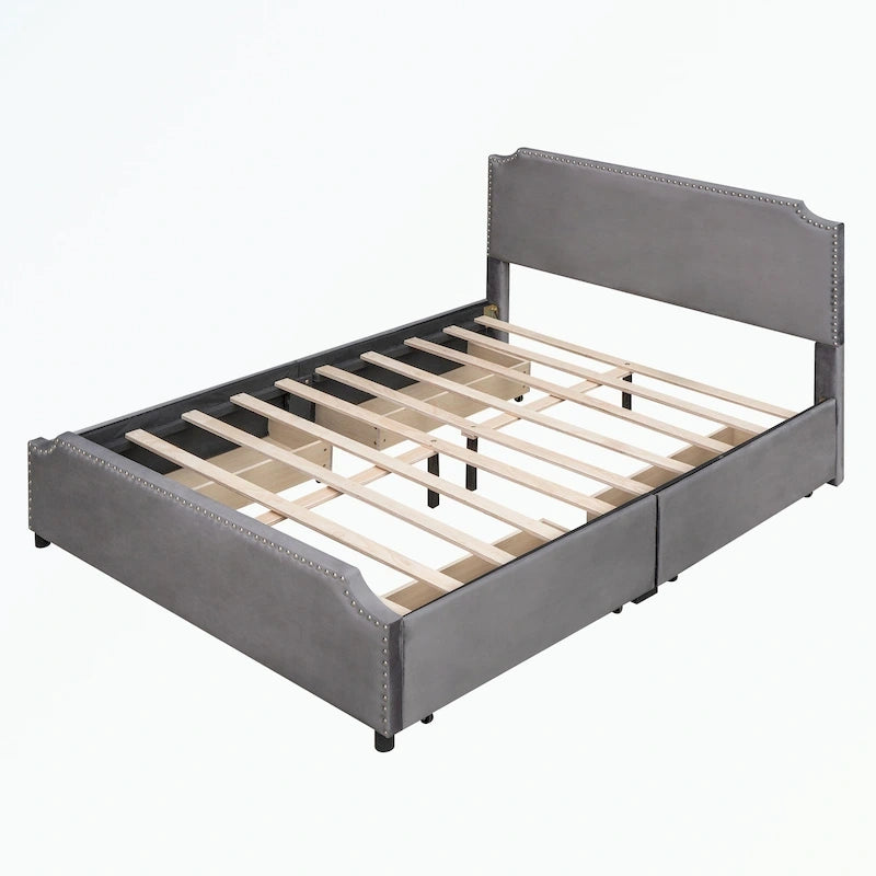 Letto a piattaforma imbottito capitonné grigio/verde/blu/beige con cassetti – 2 persone
