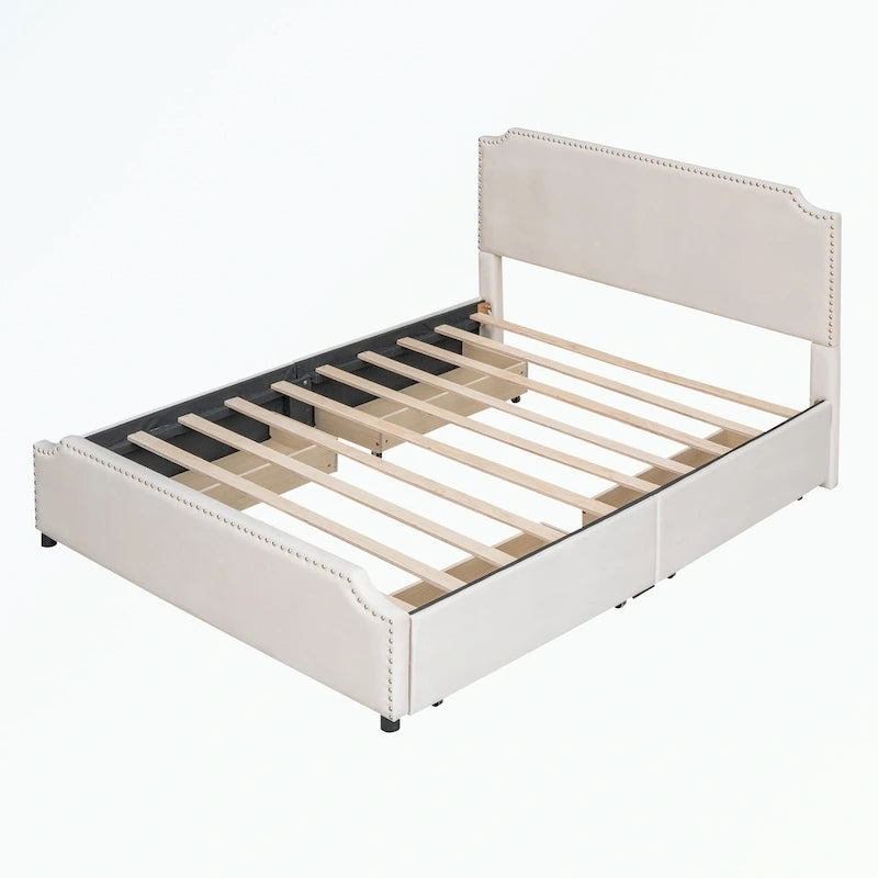 Letto a piattaforma imbottito capitonné grigio/verde/blu/beige con cassetti – 2 persone