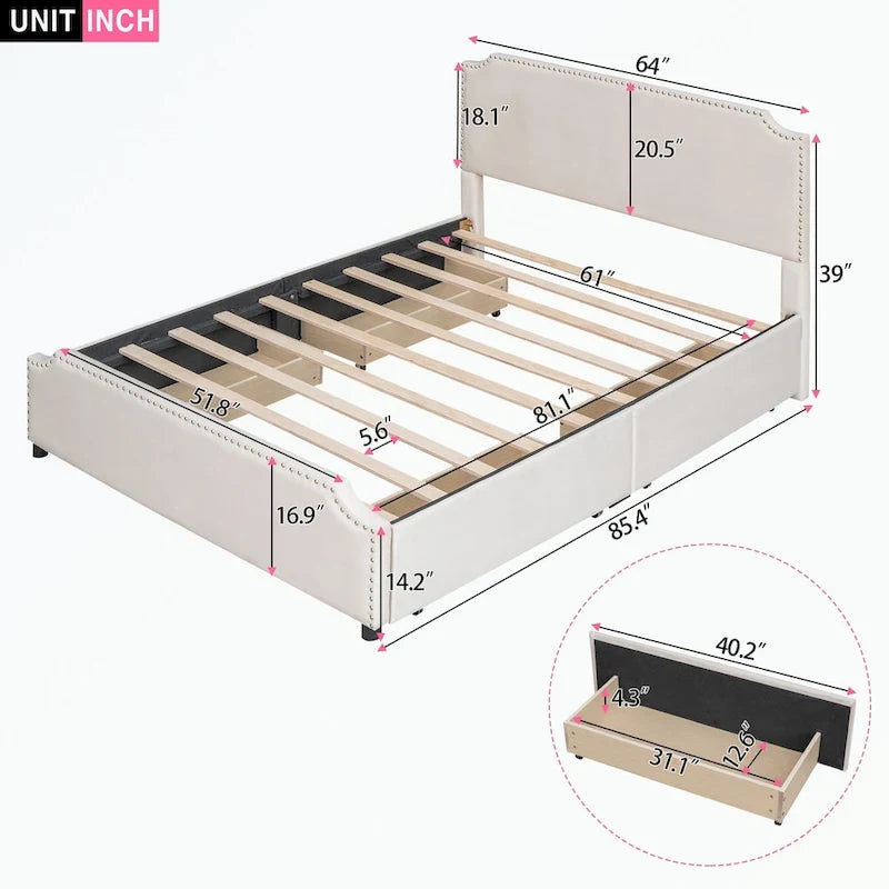 Letto a piattaforma imbottito capitonné grigio/verde/blu/beige con cassetti – 2 persone