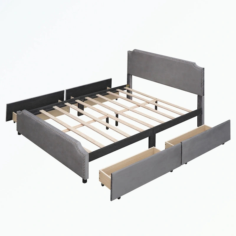 Letto a piattaforma imbottito capitonné grigio/verde/blu/beige con cassetti – 2 persone
