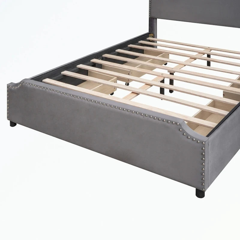 Letto a piattaforma imbottito capitonné grigio/verde/blu/beige con cassetti – 2 persone
