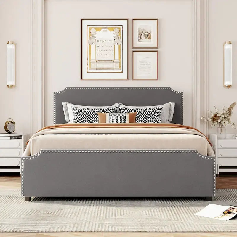 Letto a piattaforma imbottito capitonné grigio/verde/blu/beige con cassetti – 2 persone