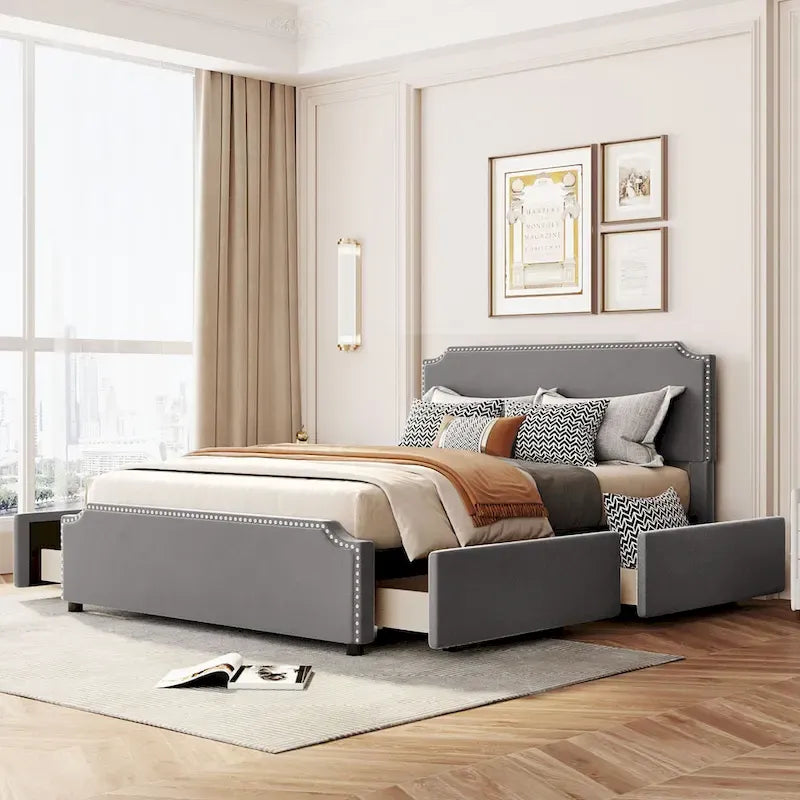 Letto a piattaforma imbottito capitonné grigio/verde/blu/beige con cassetti – 2 persone