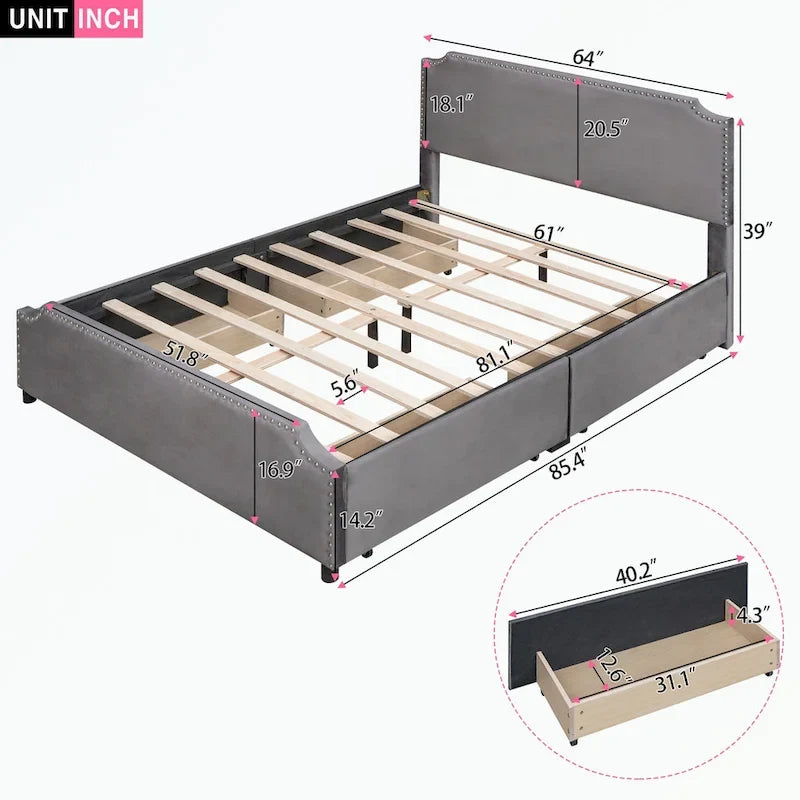 Letto a piattaforma imbottito capitonné grigio/verde/blu/beige con cassetti – 2 persone
