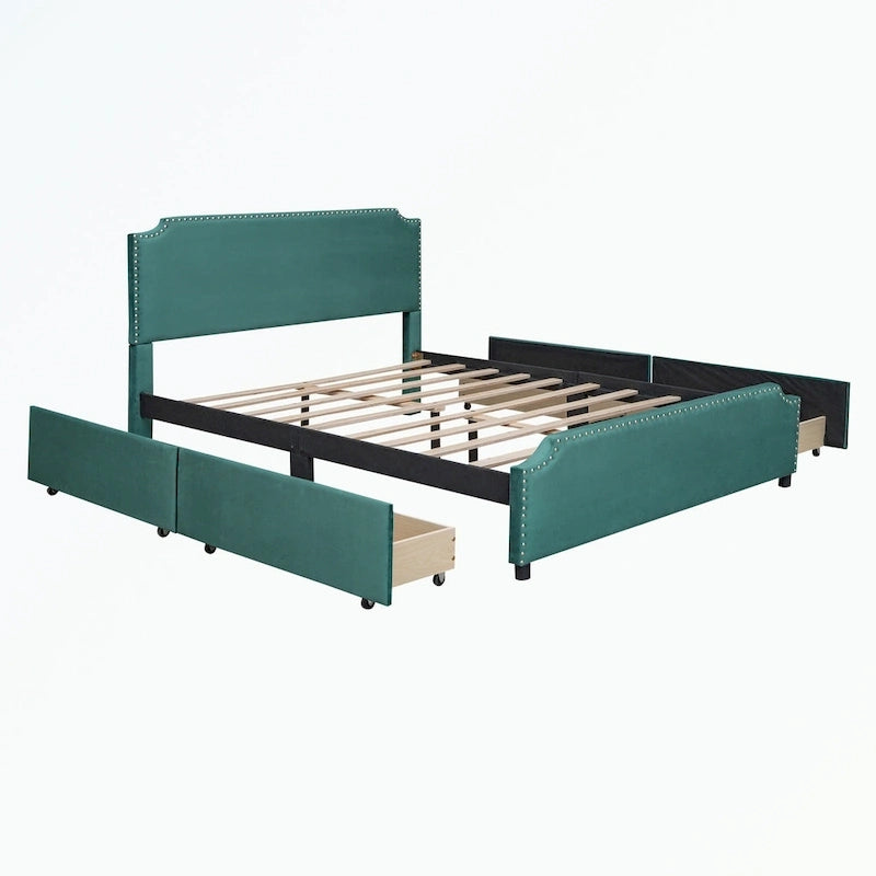 Letto a piattaforma imbottito capitonné grigio/verde/blu/beige con cassetti – 2 persone