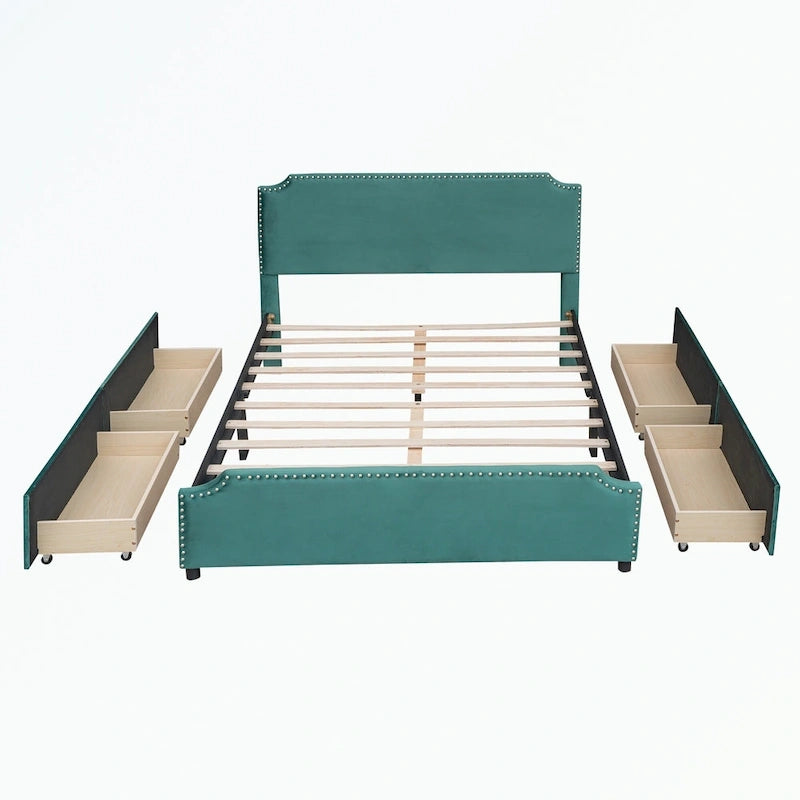 Letto a piattaforma imbottito capitonné grigio/verde/blu/beige con cassetti – 2 persone