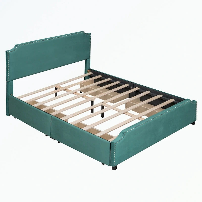 Letto a piattaforma imbottito capitonné grigio/verde/blu/beige con cassetti – 2 persone