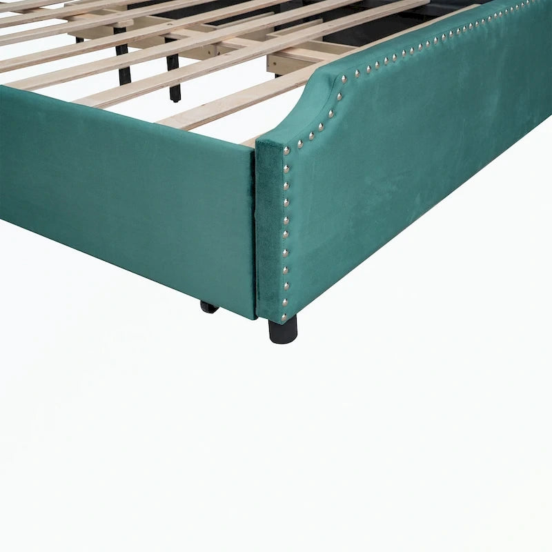 Letto a piattaforma imbottito capitonné grigio/verde/blu/beige con cassetti – 2 persone