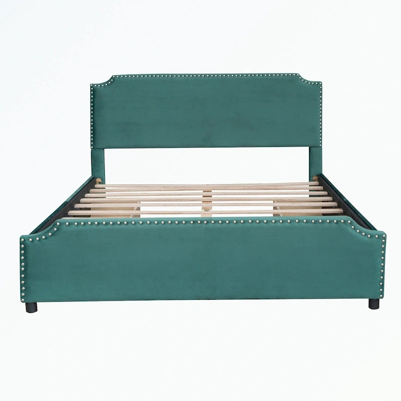 Letto a piattaforma imbottito capitonné grigio/verde/blu/beige con cassetti – 2 persone