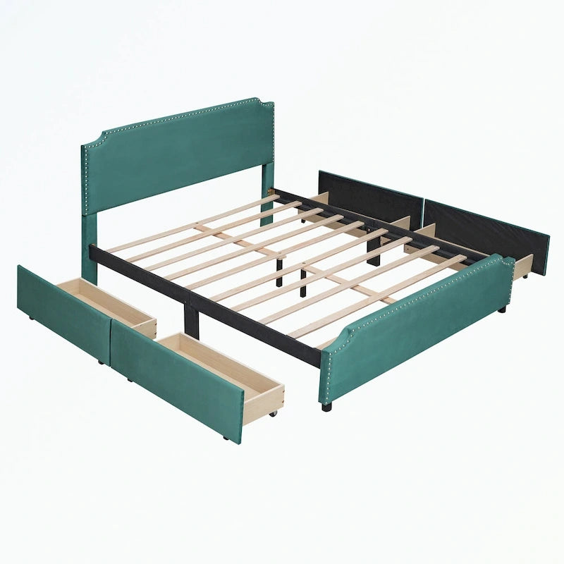 Letto a piattaforma imbottito capitonné grigio/verde/blu/beige con cassetti – 2 persone