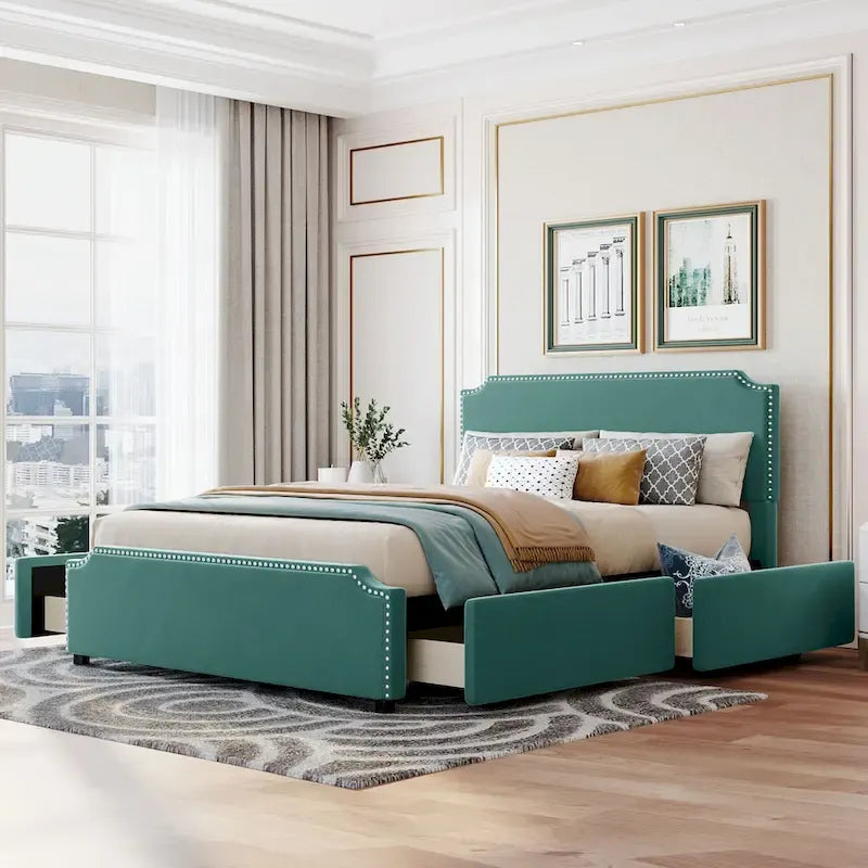 Letto a piattaforma imbottito capitonné grigio/verde/blu/beige con cassetti – 2 persone