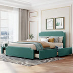 Letto a piattaforma imbottito capitonné grigio/verde/blu/beige con cassetti – 2 persone
