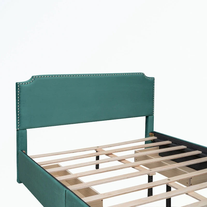 Letto a piattaforma imbottito capitonné grigio/verde/blu/beige con cassetti – 2 persone