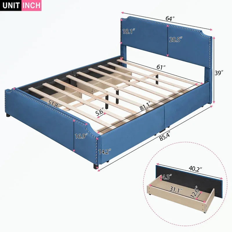 Letto a piattaforma imbottito capitonné grigio/verde/blu/beige con cassetti – 2 persone
