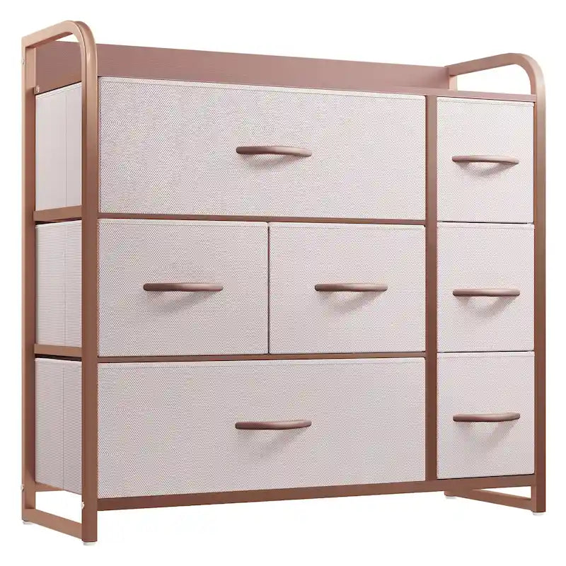 Comò a 7 cassetti | Grigio scuro / Grigio chiaro / Marrone / Rosa | Cassetti in tessuto | Struttura in acciaio | Per 1 persona