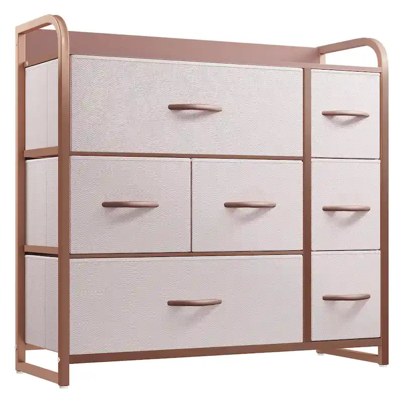 Comò a 7 cassetti | Grigio scuro / Grigio chiaro / Marrone / Rosa | Cassetti in tessuto | Struttura in acciaio | Per 1 persona