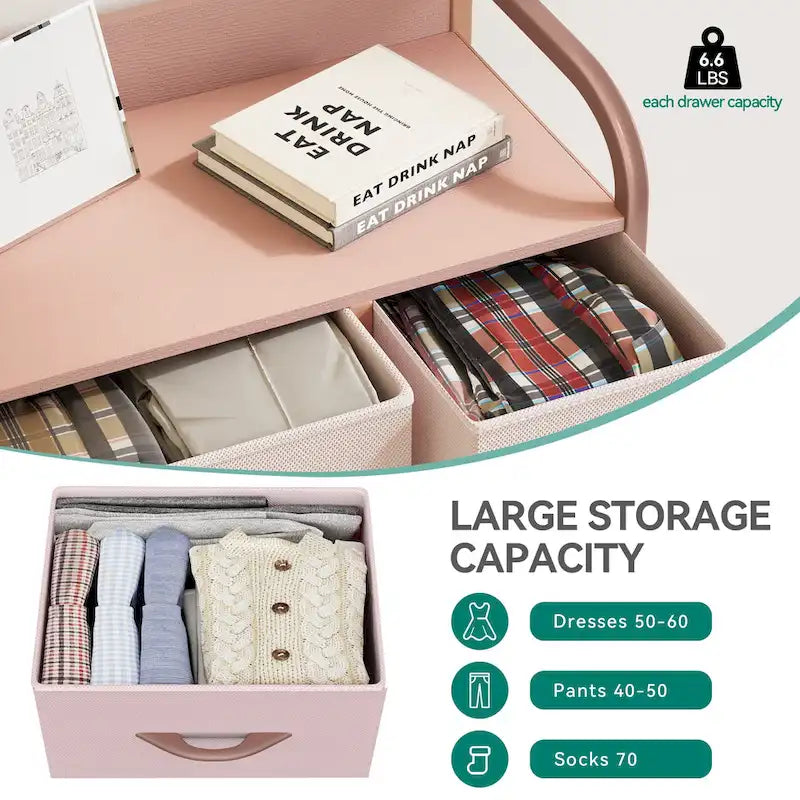 Comò a 7 cassetti | Grigio scuro / Grigio chiaro / Marrone / Rosa | Cassetti in tessuto | Struttura in acciaio | Per 1 persona