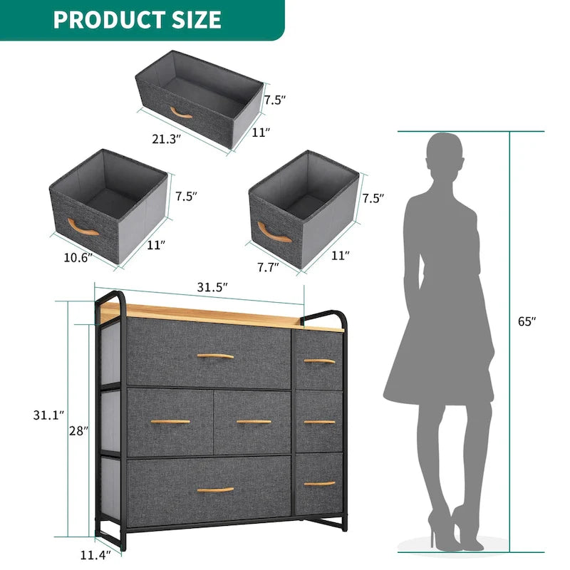 Comò a 7 cassetti | Grigio scuro / Grigio chiaro / Marrone / Rosa | Cassetti in tessuto | Struttura in acciaio | Per 1 persona