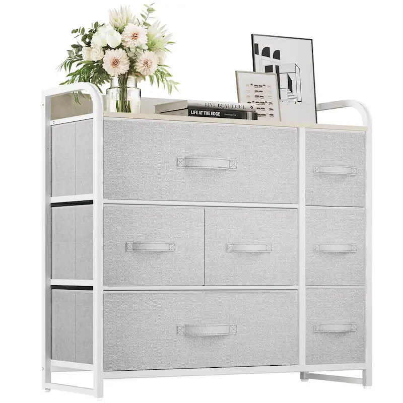 Comò a 7 cassetti | Grigio scuro / Grigio chiaro / Marrone / Rosa | Cassetti in tessuto | Struttura in acciaio | Per 1 persona