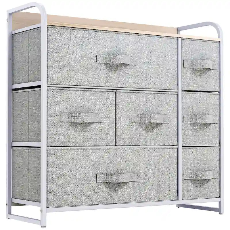 Comò a 7 cassetti | Grigio scuro / Grigio chiaro / Marrone / Rosa | Cassetti in tessuto | Struttura in acciaio | Per 1 persona