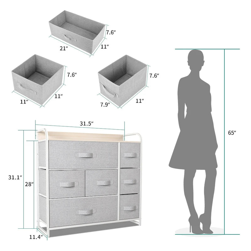Comò a 7 cassetti | Grigio scuro / Grigio chiaro / Marrone / Rosa | Cassetti in tessuto | Struttura in acciaio | Per 1 persona