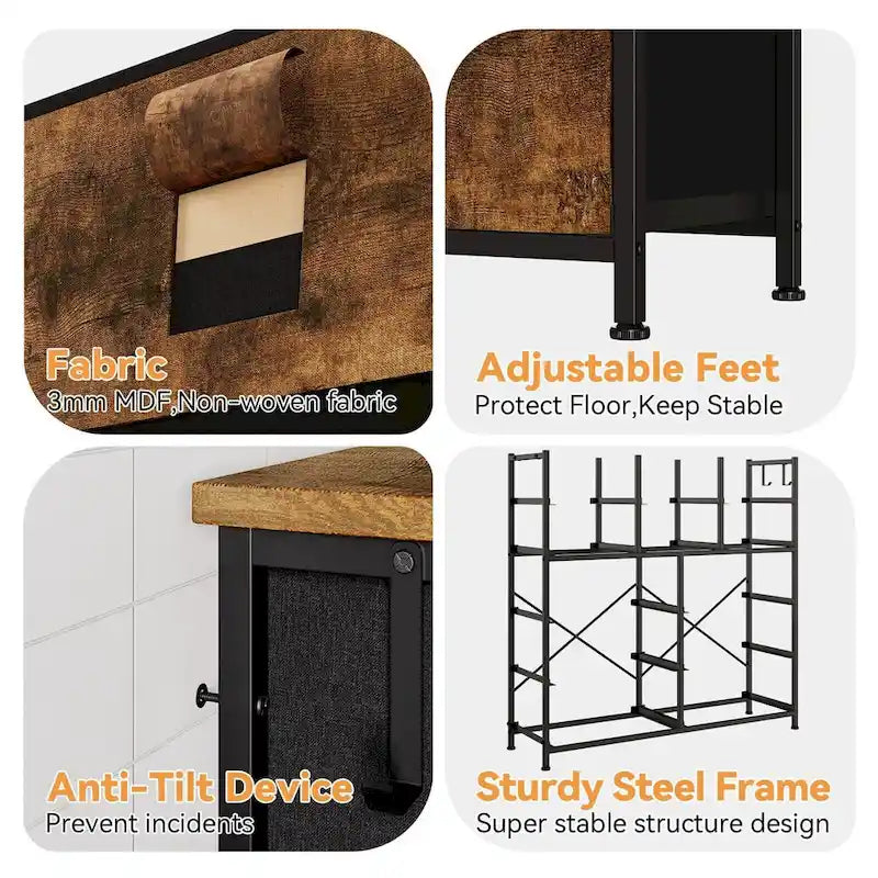 Comò in Tessuto a 12 Cassetti con Tasche Laterali e Ganci – Rosa / Nero / Grigio / Marrone